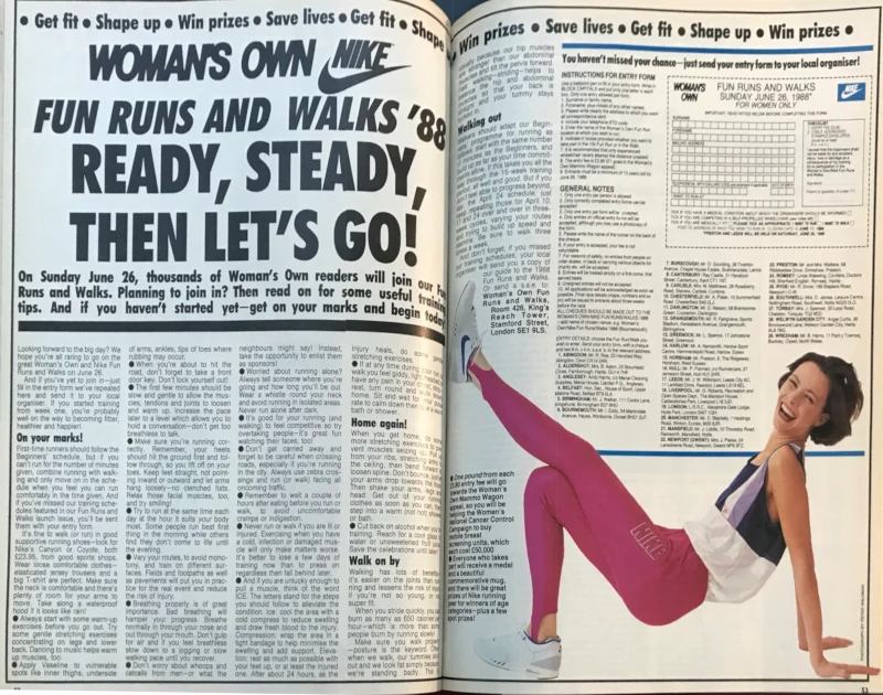 Woman's Own magazine pages from a 1988 issue advertising the Woman's Own/Nike Fun Runs and Walks '88