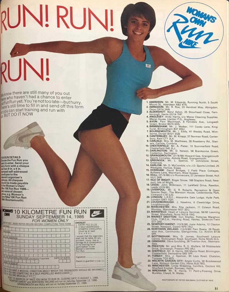 A woman in a running singlet from pages in a 1986 issue of Woman's Own magazine advertising the Woman's Own/Nike Fun Run