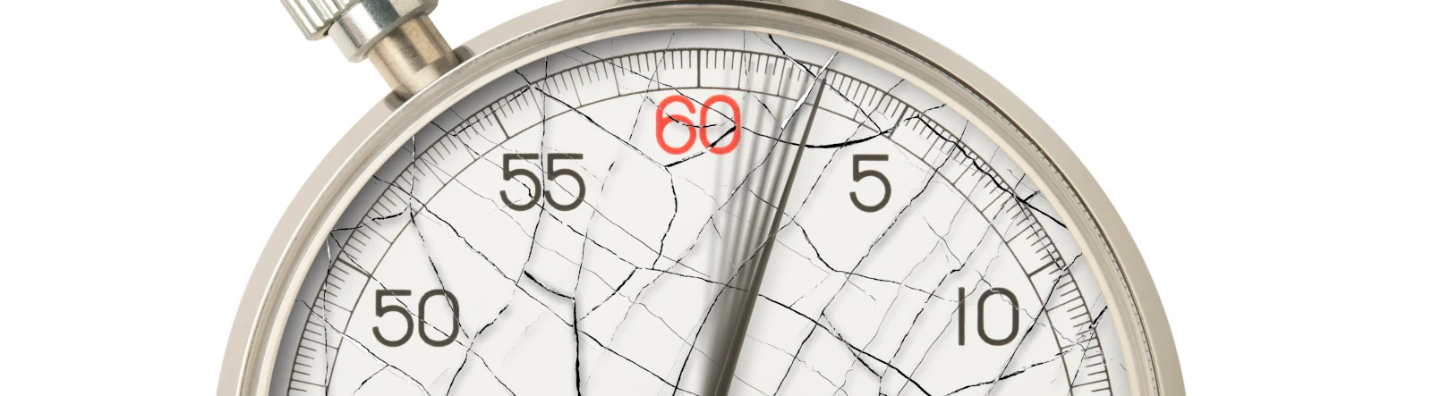 An analogue stopwatch with a cracked glass cover