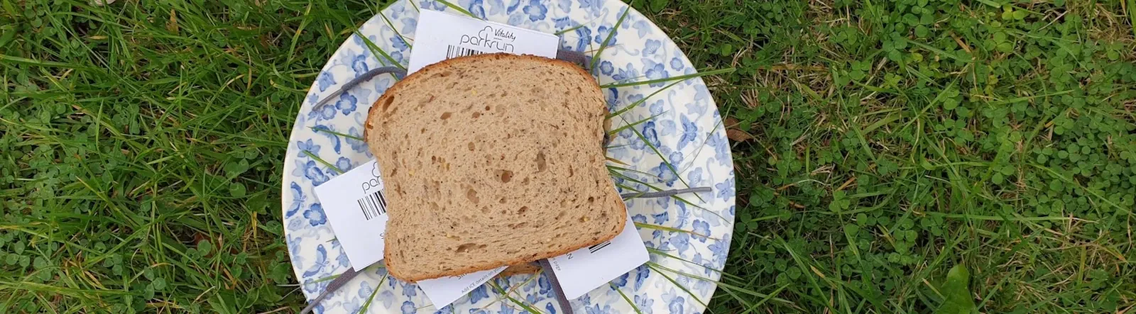A sandwich on a plate that is filled with parkrun barcodes and grass
